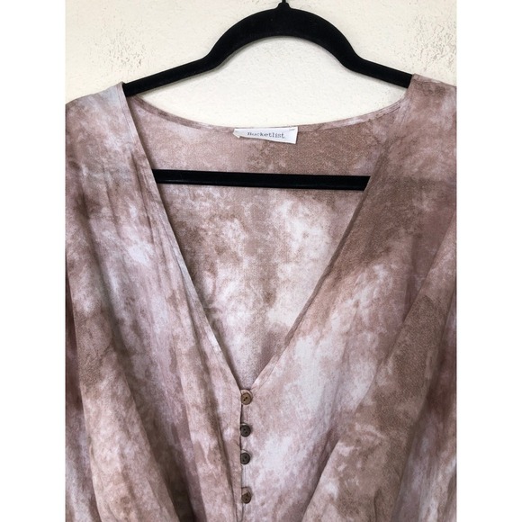 Bucketlist Tie-Waist Jumpsuit Women's Large Short Sleeve Taupe Tie Dye Wide Leg - Picture 10 of 16